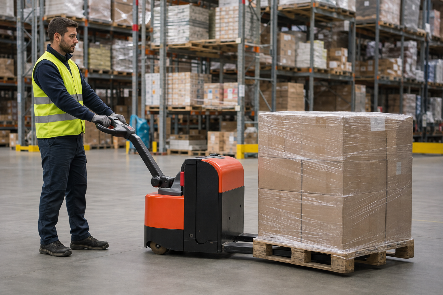 Warehouse worker operating an electric pallet jack with a wrapped load