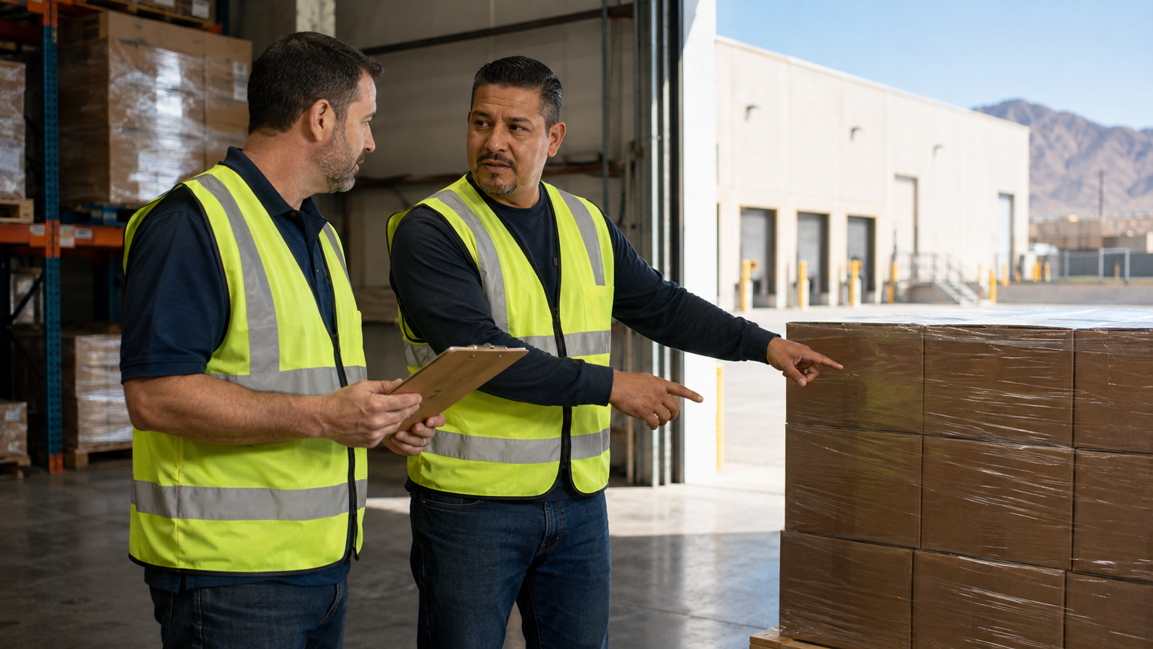Two warehouse workers coordinating beside palletized cargo